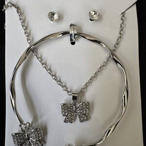 Silvertone Necklace Trio (Set of 3) CZ Necklace Earrings Bracelet BOW Charms NEW